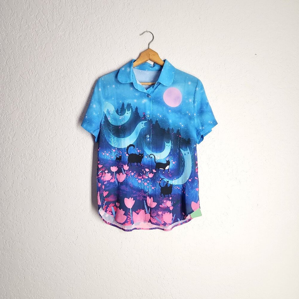 Blackmilk Kitty Parade Cute As A Button Shirt Cats Ghost size 14  XL US